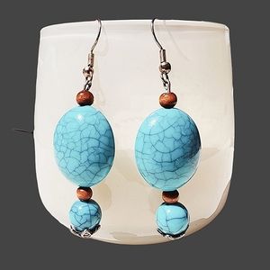 Turquoise Crackle and Wood Beaded Dangle Earrings NWT
